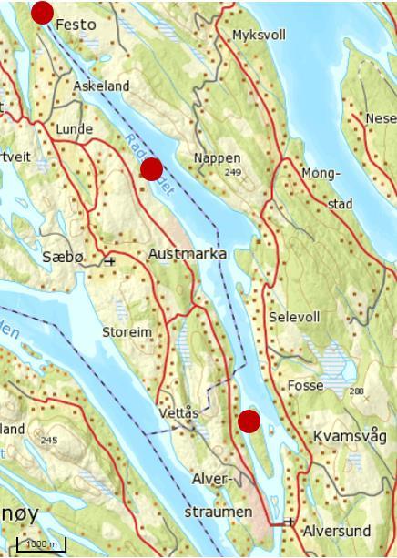 Årsrapport - Gjennomført overvaking for Solberg Scandinavian AS i 2015 9/32 Figur 2 Raude prikkar syner områda det vert samla biotaprøvar frå i Radsundet.