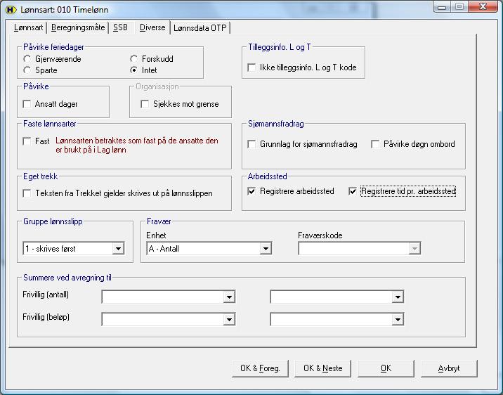 27 Lønnsarter All lønn som skal gi grunnlag for arbeidsgiveravgift må ha en hake på registrere arbeidssted. Hak av på Registrere arbeidssted på skillekortet Diverse.