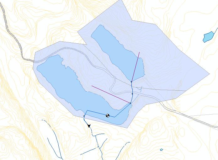 pm03n 2008-05-16 Nedslagsfelt Nedslagsfeltet som er beregnet har et totalareal på 46 daa. Feltet består at to dammer liggende mellom skogkledde åser med tynt jorddekke og delvis bart fjell.