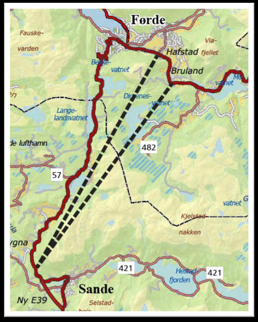 Vedlegg 3 Løysingar utanom planområdet Frå Sande Det har komne innspel på at ein kan byggje tunnel heilt frå Sande, slik at trafikk sørfrå mot Førde og vidare nordover slepp å kjøre motbakkane opp