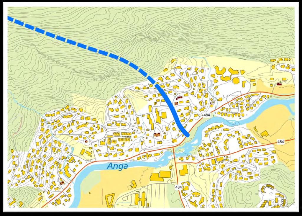 Alt 2: Påhogg i bustadområde og tilkopling til dagens tilkomstveg (Skyttarkvia).