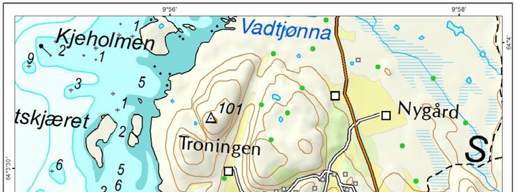 Figur 2. Oversikt lokalitet Troningen. Kartgrunnlag: Norge digitalt. 1.1.1 Kartlagte lokaliteter Frøspiring på hogstflater Tre plantasjer med sitkagran ble hogd ut i perioden 2015 2016 (figur 3).