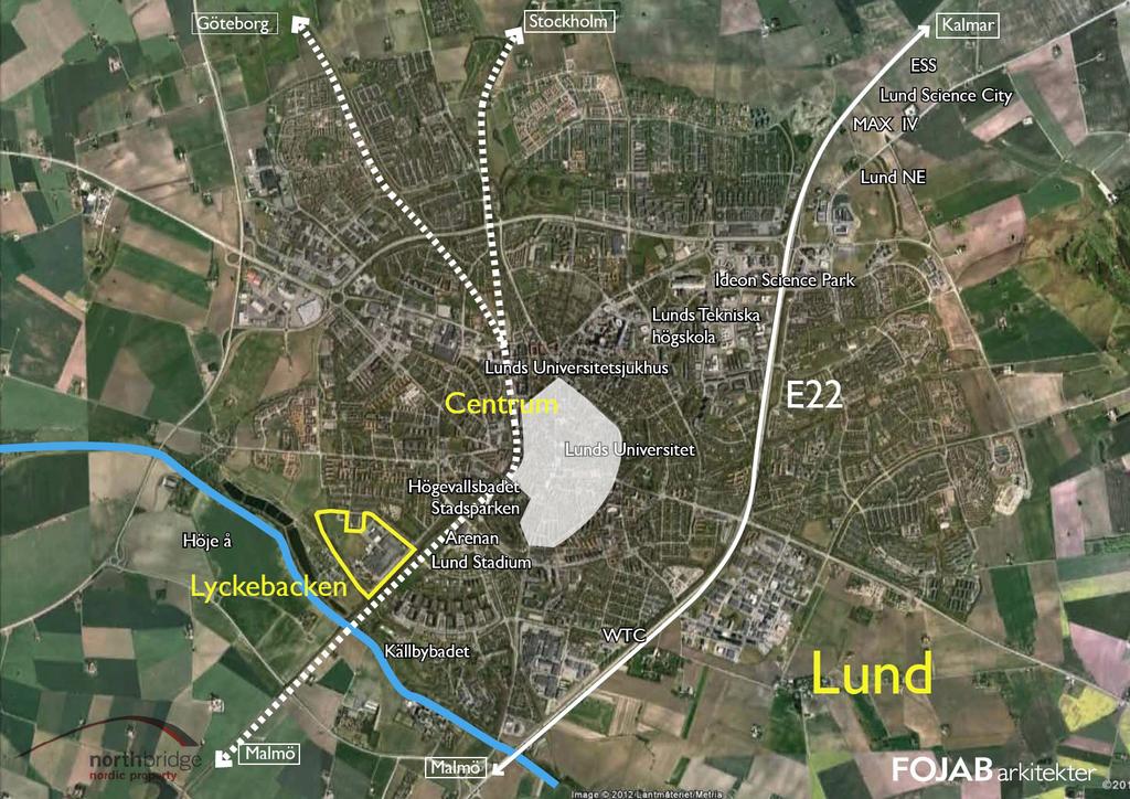 Satellittfoto over Lund med anvisning av sentrale institusjoner, veikorridor