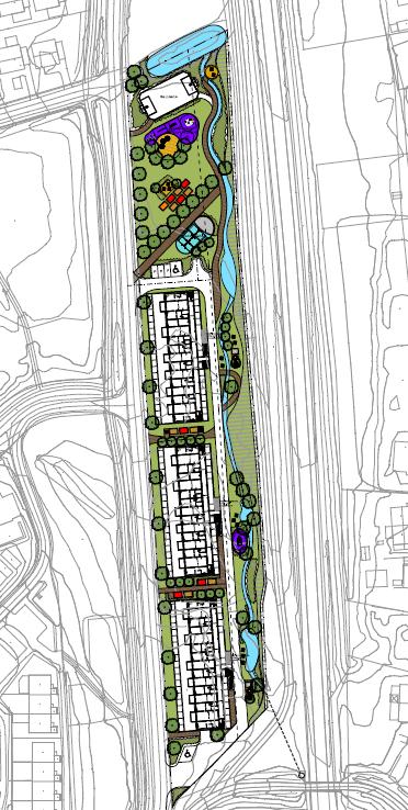 Utomhusplan som viser hvordan eiendommen kan utnyttes til boligformål Skanska ønsker å bygge tre blokker med til sammen 72 leiligheter med parkeringskjeller, heis og stort parkmessig fellesareal, jfr.