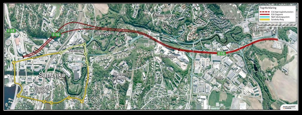 E16 Sandvika - Wøyen 3,5 km firefelts motorveg med: 2,3 km tunnel og 1,2 km veg i dagen 2 store planskilte kryss Gang- og