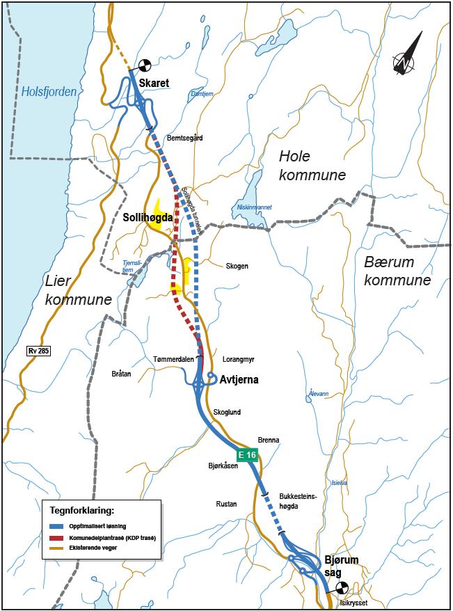 E16 Sandvika - Skaret Bjørum - Skaret 8,4 km 4-felts veg 6,4 km i Bærum + 2 km i Hole 4,2 km i tunnel (0,8 km + 3,4 km) 4,2 km veg i dagen Planskilte