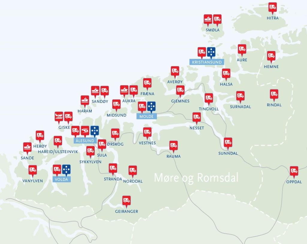 Folkemengde MR 265 290 Ålesund 17,6 % Molde 10,1 % Kristiansund 9,2 % Volda 3,4 % (40,3 %) (Trondheim 60 %) Smøla: 1 døgn + 1 båt Aure: 1 døgn + 1 dag Halsa: 1 døgn Surnadal: 2 døgn Sunndal: 2 døgn