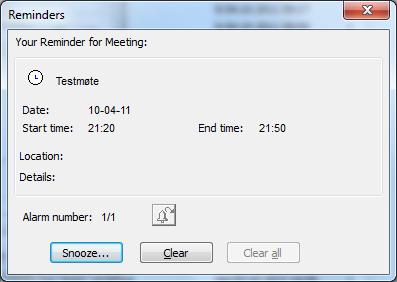 Påminnelse om et møte Det vil komme opp en påminnelse om møtet 10 minutt før møtet (standardinnstilling).