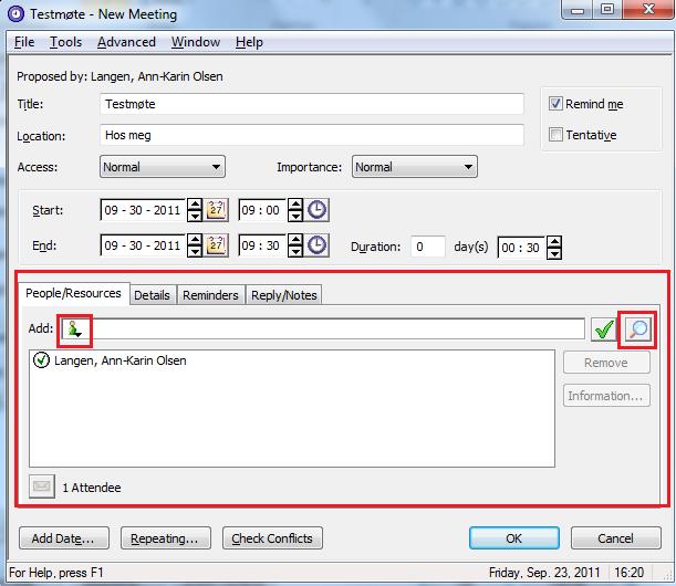 Hvordan kalle inn til et møte Klikk på denne knappen Her søker man opp personer, ressurser (møterom, biler, projector etc) og grupper.