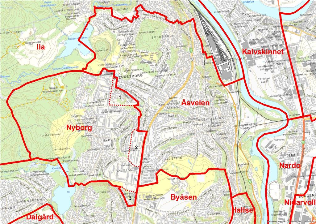 Side 3 Kart 1: Oversiktskart: Opptaksområder for Åsveien og Nyborg skoler Heltrukket rød linje viser dagens skolekretsgrenser.