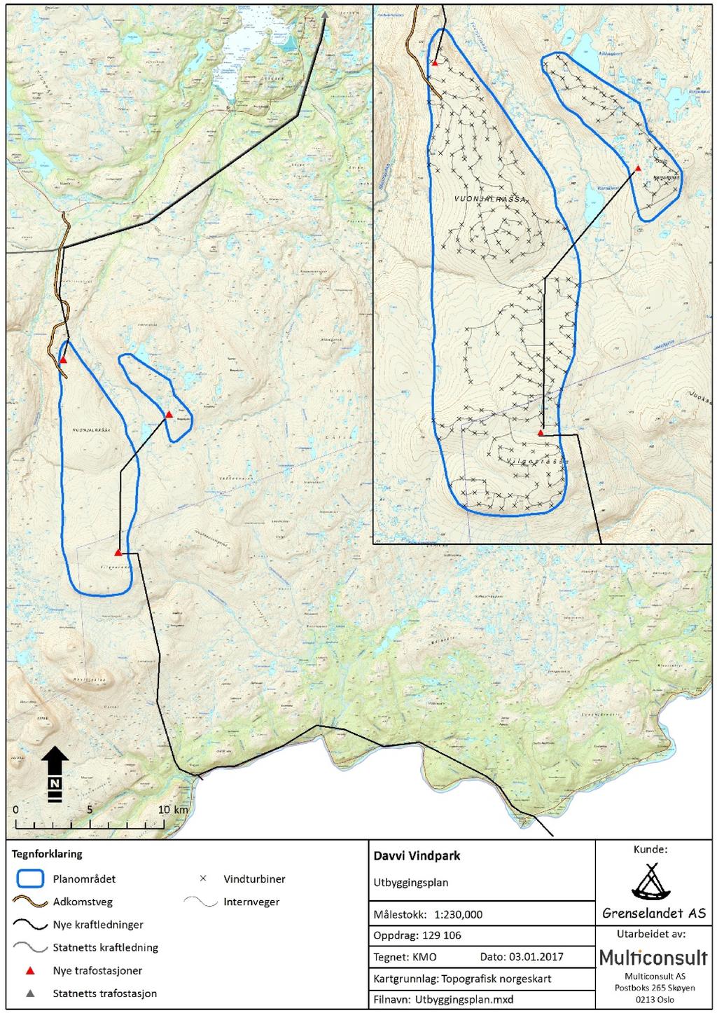 Figur 1. Oversikt over utbyggingsplanene for Davvi vindkraftverk.