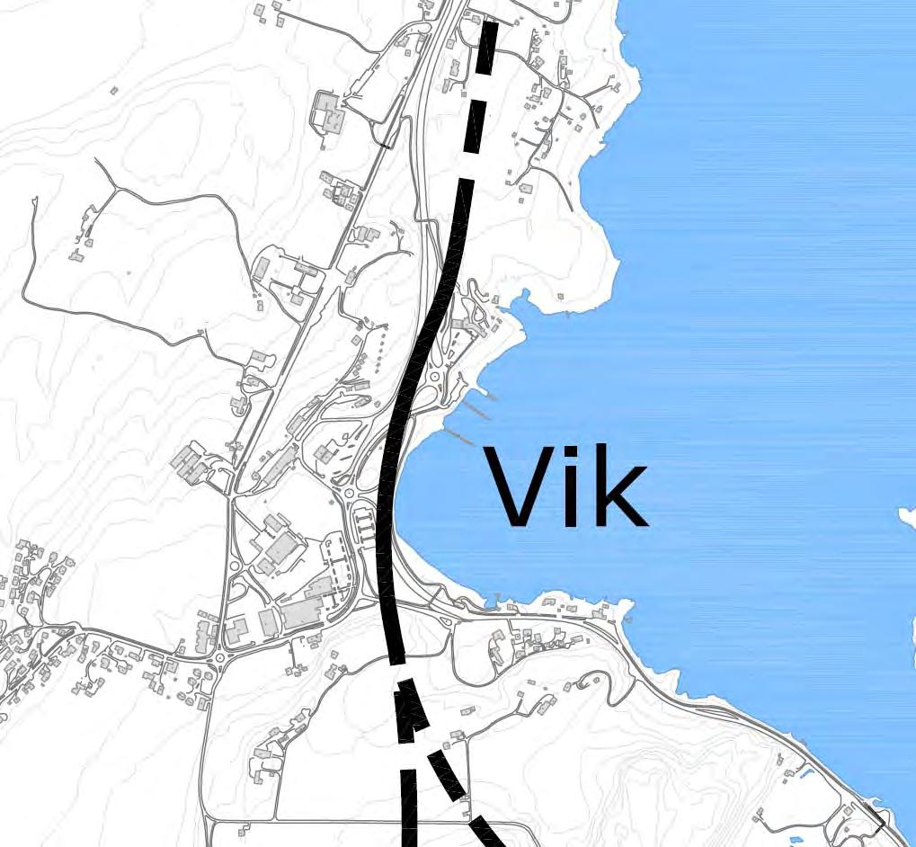 3.2 Delstrekning 2: Rørvik Stein/Bymoen Hønefoss Rød korridor: Løsninger med dagsone i Vik uten kryss Løsningen går ut på å bygge firefeltsveg mellom Vik sentrum og Steinsfjorden (i samme område som