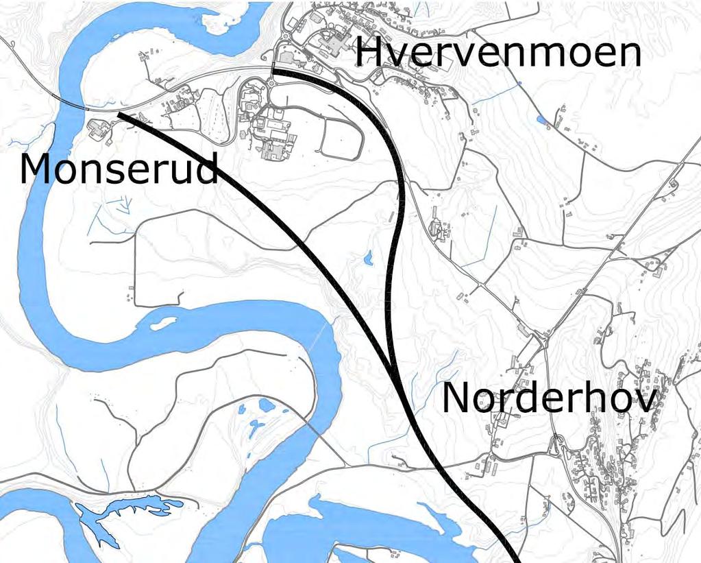 3.3 Delstrekning 3: Stein/ Bymoen Hønefoss Rød og blå korridor: 2-felts veg fra Norderhov til Hvervenmoen og 2 felts veg fra Norderhov til Monserud Alternativet går ut på at firefeltsvegen splittes