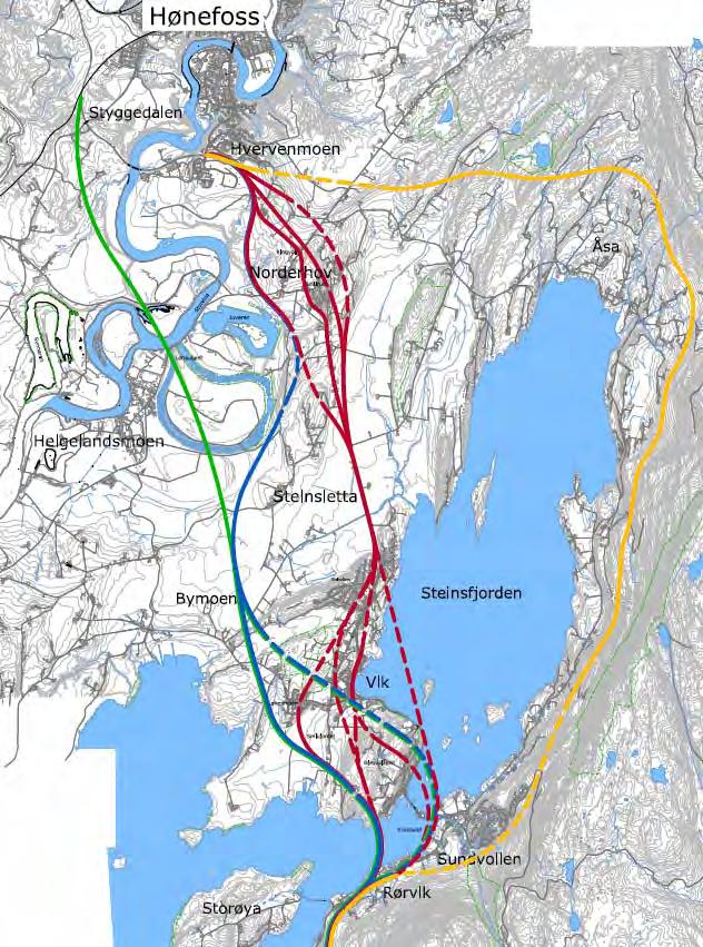 Løsninger Vegvesenet foreslår å utrede strekningen Rørvik - Hønefoss Fire korridorer: Rød: Rørvik - Stein Norderhov -