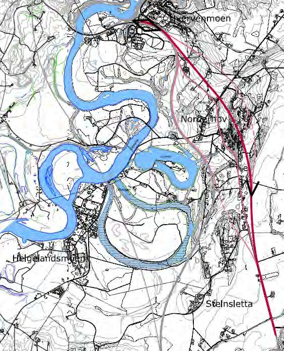 Rød korridor, Stein Hvervenmoen, Alternativ e Dagens trasé over Steinsletta Halvt kryss nord for Steinsletta og øst for dagens veg