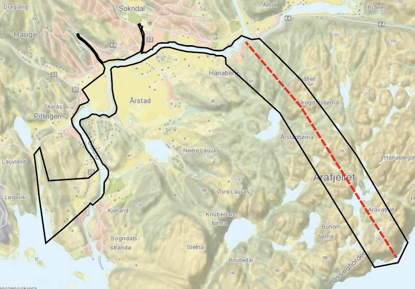 Alternativet er basert på alternativ E i Swecos skisseprosjekt, med innløp plassert nedstrøms ved ny Prestbro over Sokna og utløpet i Jøssingfjorden. Figur 5.