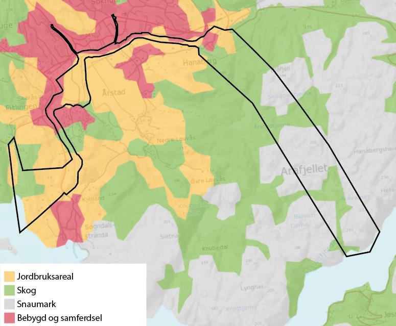 Planområdet omfatter deler av Hauge sentrum og LNF-områder, og består i dag av en kombinasjon av bebygd og samferdselsareal, jordbruksareal, skog og snaumark. Figur 2.4: Arealfordelingskart 2.