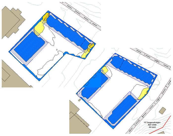 Som det fremkommer av figuren har store deler av arealet lydnivå under nedre grenseverdi for gul sone, med unntak av enkelte områder ved åpningene mellom byggene.