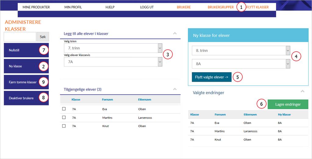 FLYTTE KLASSER 1. Ved flytting av klasser klikk på Flytt klasser. Her presenteres oversikten over alle tilgjengelige elever som kan flyttes. 2.