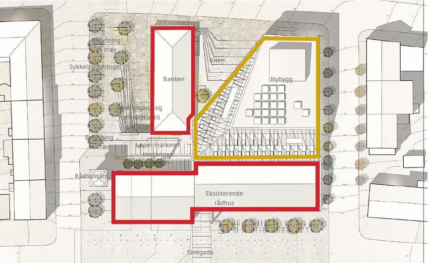 Oppdragsnr.: 1472 Dokumentnr.: FG02 Versjon: E01 1.2 Orientering om prosjektet Bygging av nytt rådhus medfører renovering av de to bevaringsverdige bygningene, rådhuset og banken.