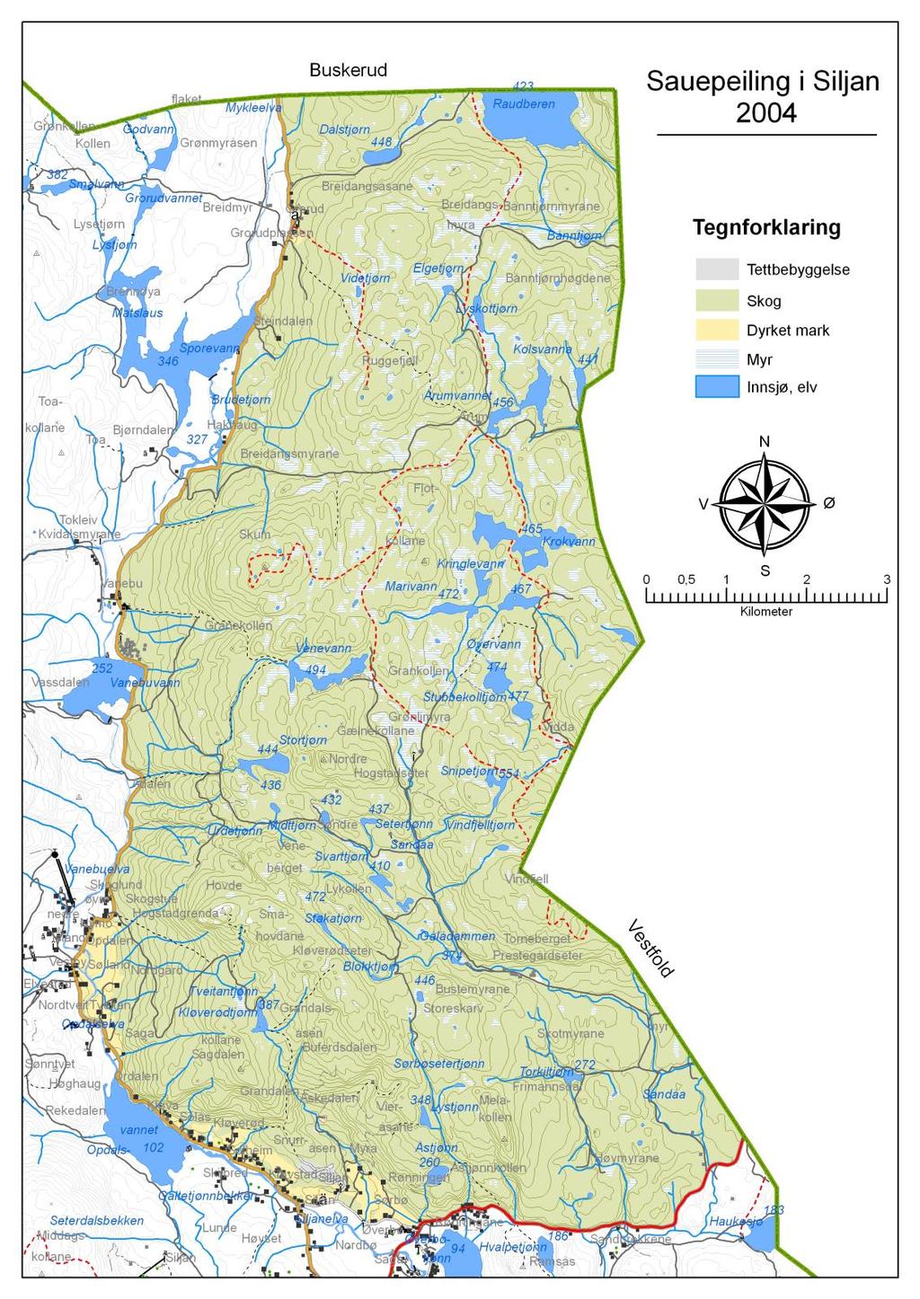 1.Området Forsøksområdet ligger i kommunene Siljan, Lardal og Kongsberg. Besetningene beiter hovedsakelig i området øst for fylkesvei til Grorud og vest for Viddaseterområdet.