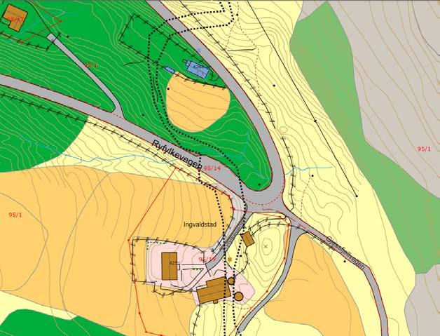 3 Beskrivelse av planområdet og eksisterende forhold Planområdet omfatter ca. 230 meter av rv. 13, med omkringliggende areal. Terrenget i planområdet er bratt, med helning mot sørvest.
