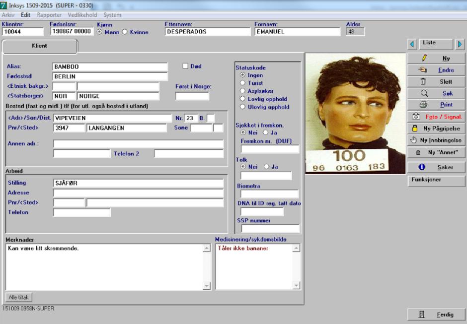 Figur 4: Skjermdump av klientregistrering i INKSYS systemer.