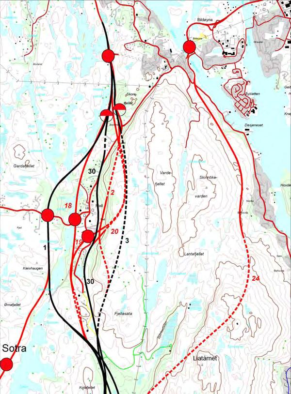 7.2.1 Kolltveitskiftet Tellnesskogen. Mange ulike løysingar er vurdert. Ein har valt tre løysingar med stor skilnad i konsekvensar som bør utgreiast vidare.