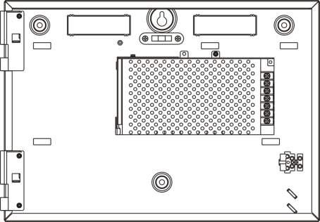 Kapittel 2: Installasjon Figur 5: Lite kabinett- og PCB-layout (to-sløyfers sentralapparat) 1. Sløyfe- og brannsystemtilkoblinger 2. Vater 3. Jordingsskruer 4. Ethernet-tilkobling 5.
