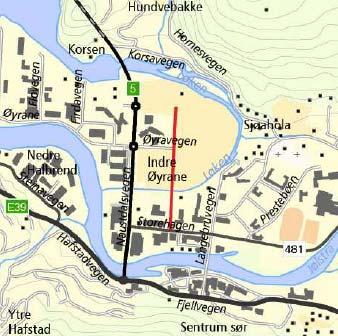 13.3 Prosjektnr. 6.02 Storehagen - Øyravegen (Firda Billag) Silingsrapportens kapittel 6.3.6 omfatter en trasé i rett linje fra Storehagen til indre Øyrane, se figur 19.