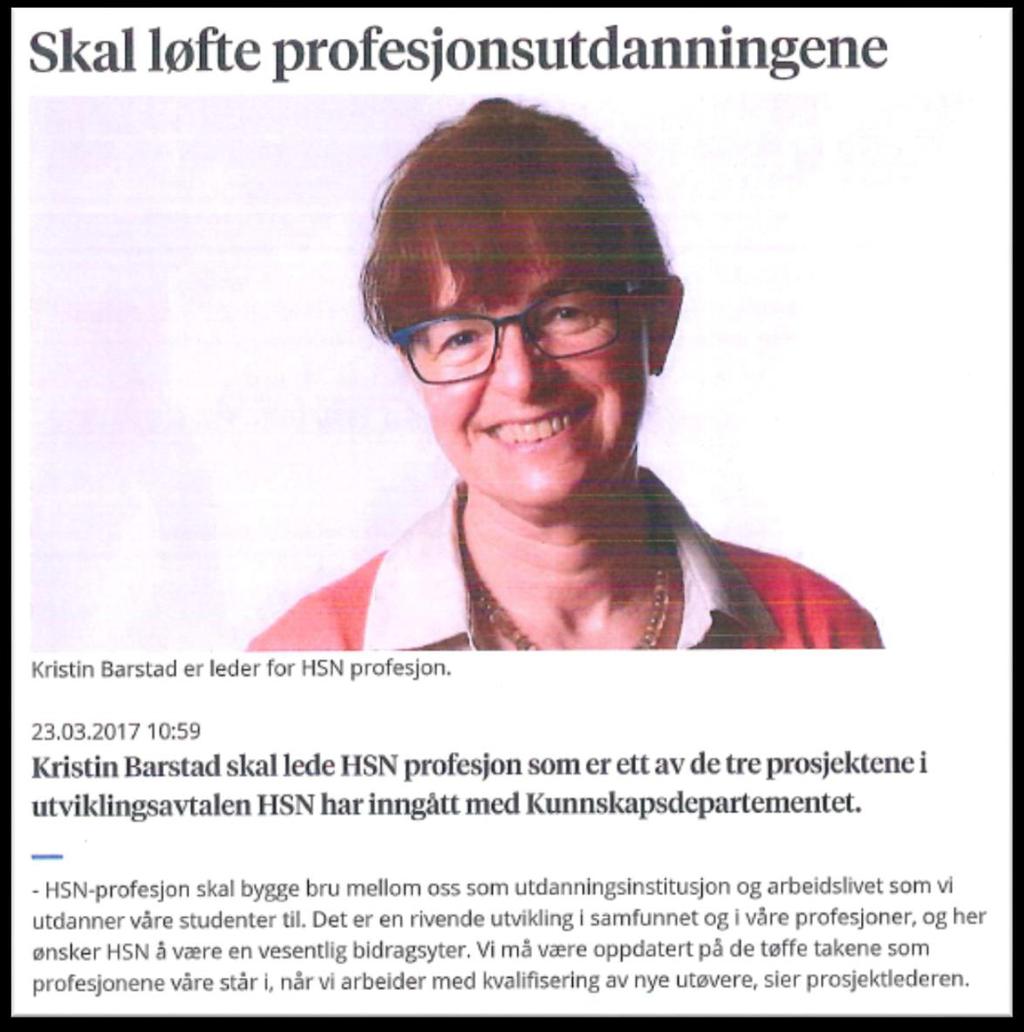 HSN - profesjon Formål: HSN Profesjon skal videreutvikle og styrke samarbeidet mellom høgskolen og praksisfeltet.