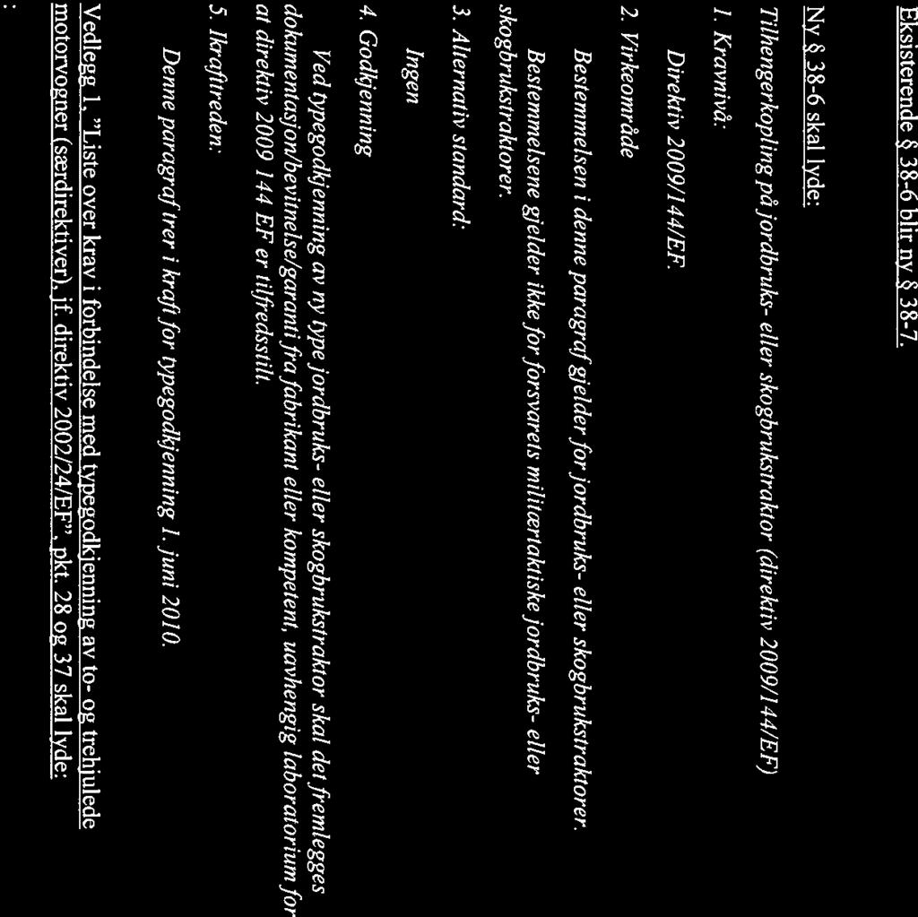 Eksisterende ~ 38-6 blir ny ~ 38-7. Ny ~ 38-6 skal lyde: Tilhengerkopling påjordbruks- eller skogbrukstraktor (direktiv 2 009/1 44/EF) 1. Kravnivå: Direktiv 2 009/1 44/EF 2.