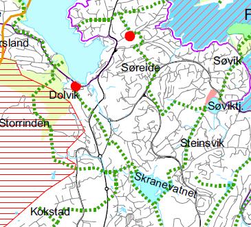 Planområdet Figur 2. Temakartet Grøntfaglige interesser (Bergen kommune, 2010). Rød prikk viser påviste funn av liten ramsløkflue. Planområdet er innenfor blå sirkel.