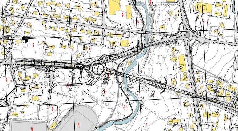 15 (60) Alternativ B I alternativet etableres ny 4-armet rundkjøring langs fv651 med en arm til fortsettelsen av fv651 inn mot Volda sentrum, en arm fører ny E39 over Øyraelva og inn i tunnel på