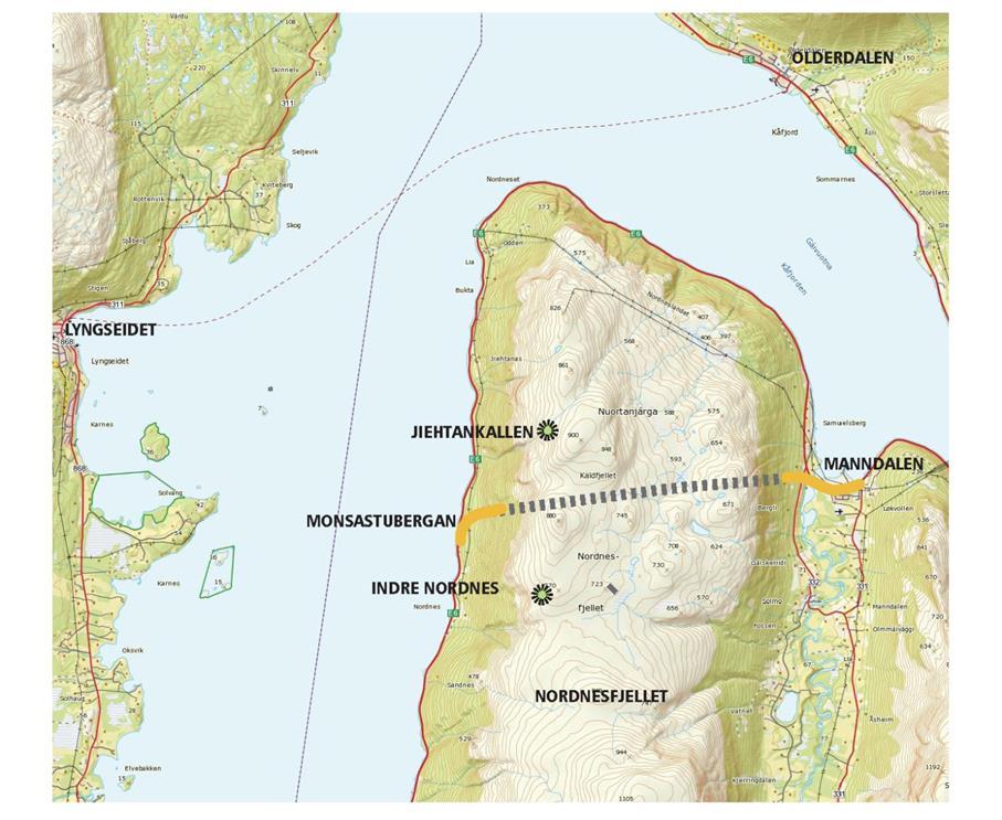 Handlingsprogram riksveginvesteringer Region nord Skredsikring Nordnesfjellet (Troms) 5,8 km tunnel Ca 100 m ny bru over Manndalselva Ombygging av kryss og