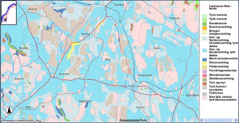 8 (29) Figur 2 Løsmassetyper i vegtraséområdet (NGU 2010) 3.