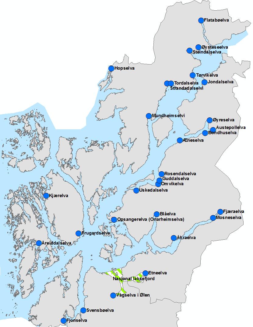 Figur 4. Kart over laksevassdrag i deler av Hordaland, og nasjonal laksefjord. Kjelde: lakseregisteret.