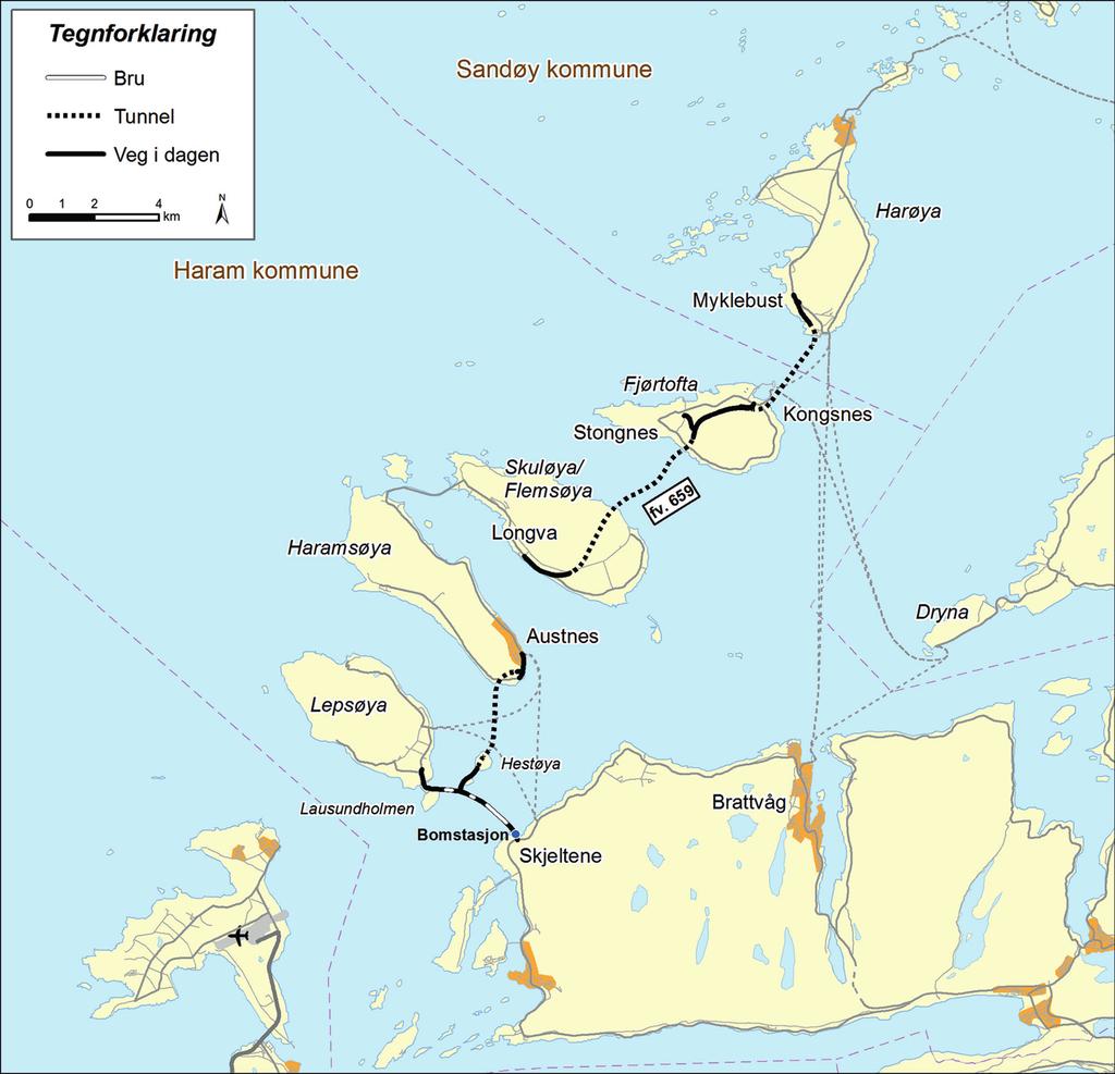 2 Prop. 140 S 2016 2017 Figur 2.1 Nordøyvegen kartskisse gen blir realisert. Eksisterande veg har varierande vegbreidde og delvis dårleg kurvatur. Årsdøgntrafikk (ÅDT) er på om lag 700 køyretøy.