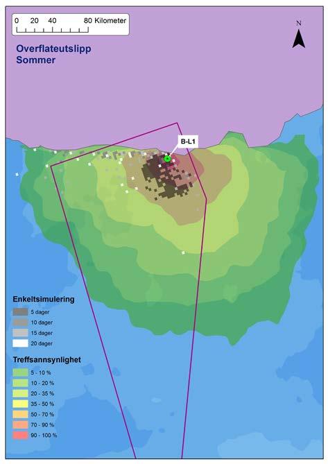 Figur 6-3: Utbredelse for et enkeltutslipp fra lokalitet B-L1 i sommersesong (venstre), og lokalitet B-L2 med startdato april 2001 (høyre), forventet utslippsvarighet fem dager (og følgetid 15 dager)