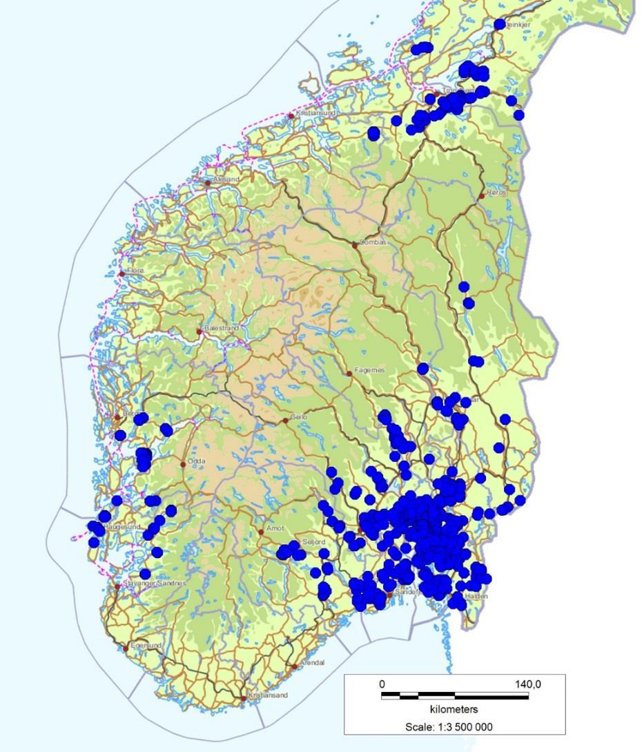 3 Forekomst av storsalamander i Norge Storsalamanderen forekommer i Norge i tre atskilte områder:1) Midt-Norge fra Nordmøre og nordover på begge sider av Trondheimsfjorden, 2) Sørvest-Norge mellom