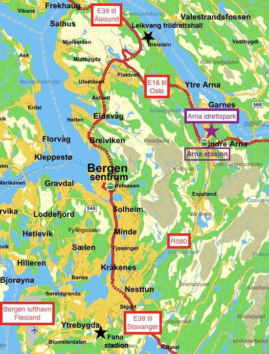 Oversiktskart Bergen Arna idrettspark har