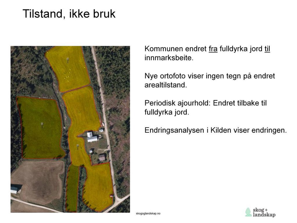 Fra endringsanalyse i Kilden: Den gule fargen viser en omklassifisering innad i jordbruksareal.