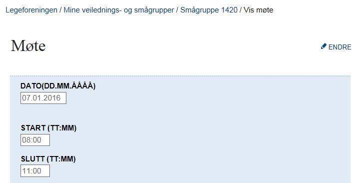 denne og detaljbildet for gruppemøtet med presenslister vises i redigeringsmodus og man kan endre informasjon og møtet og presenslister.