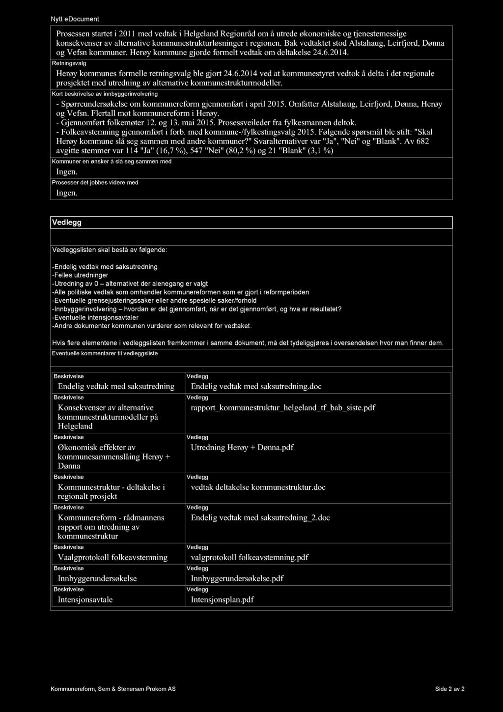 Nytt edocument Prosessen startet i 2011 med vedtak i Helgeland Regionråd om å utrede økonomiske og tjenestemessige konsekvenser av alternative kommunestrukturløsninger i regionen.