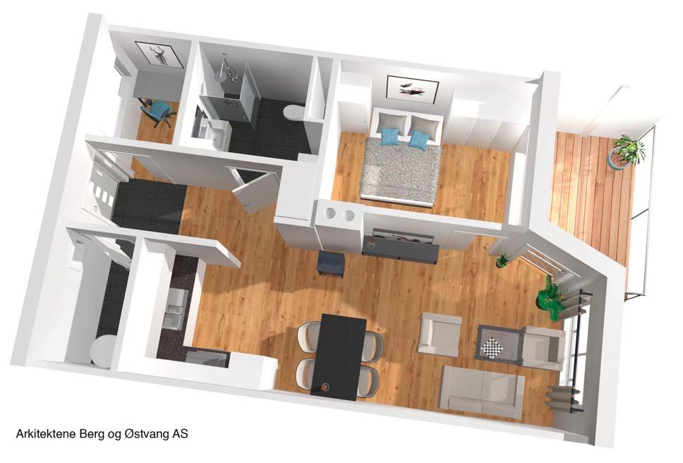 Leilighetstype 2A - 54,8 m 2 (Brutto BRA = 54,8 m 2 ) Denne leilighetstypen er en lys og trivelig 2-roms leilighet i 1., 2. og 3. etasje inngang fra svalgangsiden, og veranda mot vest.