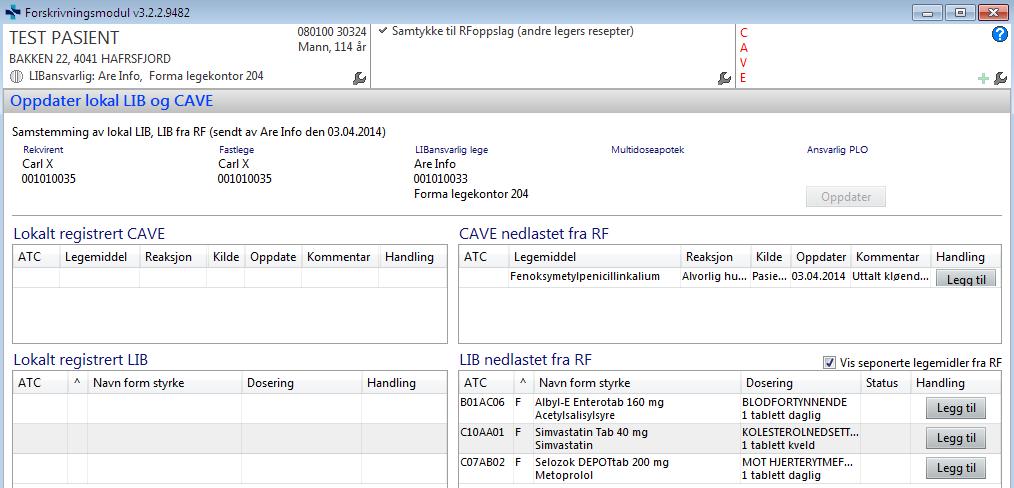 Oppslag i RF pasientens LIB tilgjengelig for andre leger Eksempelet viser en lege som i sin lokale LIB (til venstre) ikke