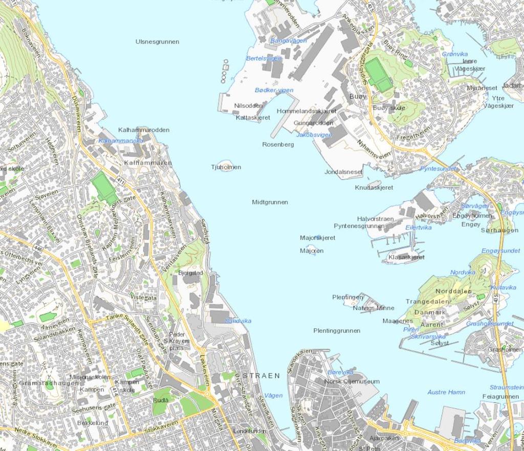 Figur 2-1: Kart over innseilingen til Stavanger. Kilde: Google maps, Menon og DNV GL Figur 2-2 nedenfor viser et detaljert kartutsnitt av farleden.