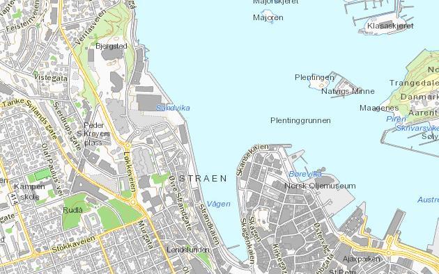 Figur 2-5 viser Stavanger havn med tilhørende kaier og dagens snuområde. Figur 2-5: Oversikt over kaiene i Stavanger havn.