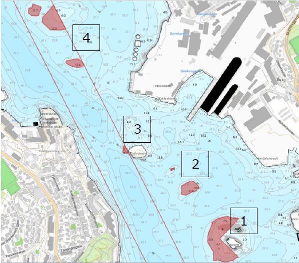 Figur 3-1: Tiltak i farleden. Kilde: Kystverket (2016) Utdypning av Ulsnesgrunnen (4) og inntil Tjuvholmen (3) vil gi en rettere innseiling inn til Stavanger havn.