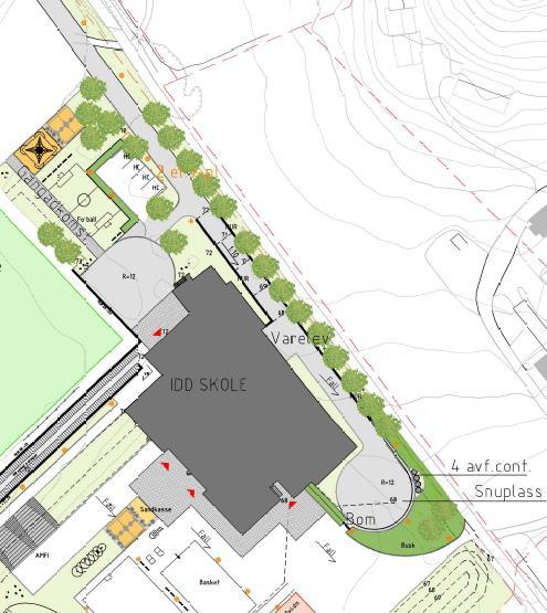 Figur 10: Plassering av HC-parkering, snuplass og søppelcontainere. Kilde: Cowi. 3.4 Konsekvenser for kollektivtrafikken Ordinært kollektivtilbud antas stort sett uendret etter tiltaket.